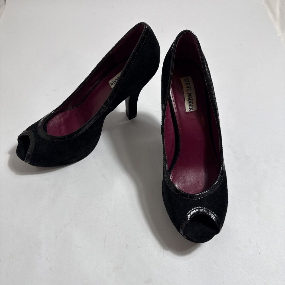 Steve Madden Praize Shoes Womens 8.5M Black Suede Peek A Boo Toe 4” High Heels